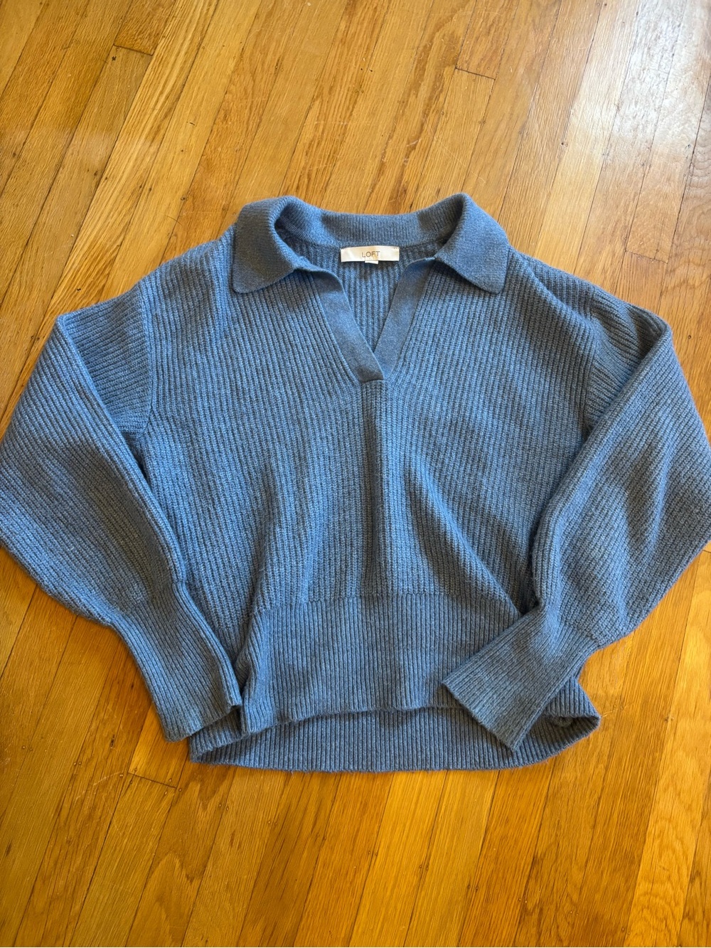 LOFT Dusty Blue Ribbed V-Neck Polo Sweater